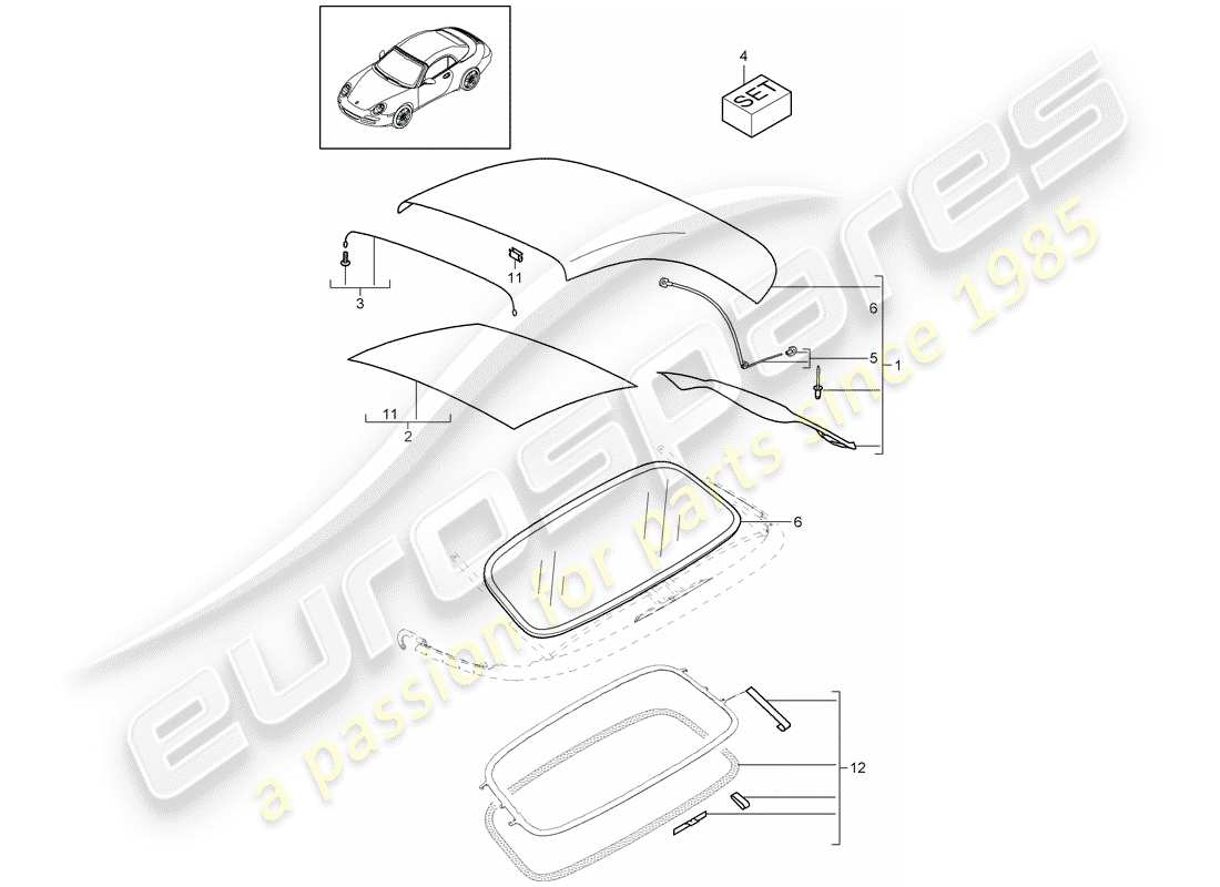 porsche 997 gen. 2 (2010) convertible top covering part diagram