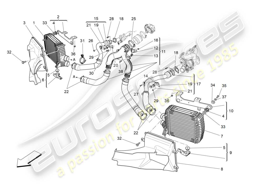 maserati qtp 3.0 bt v6 410hp (2014) intercooler system part diagram