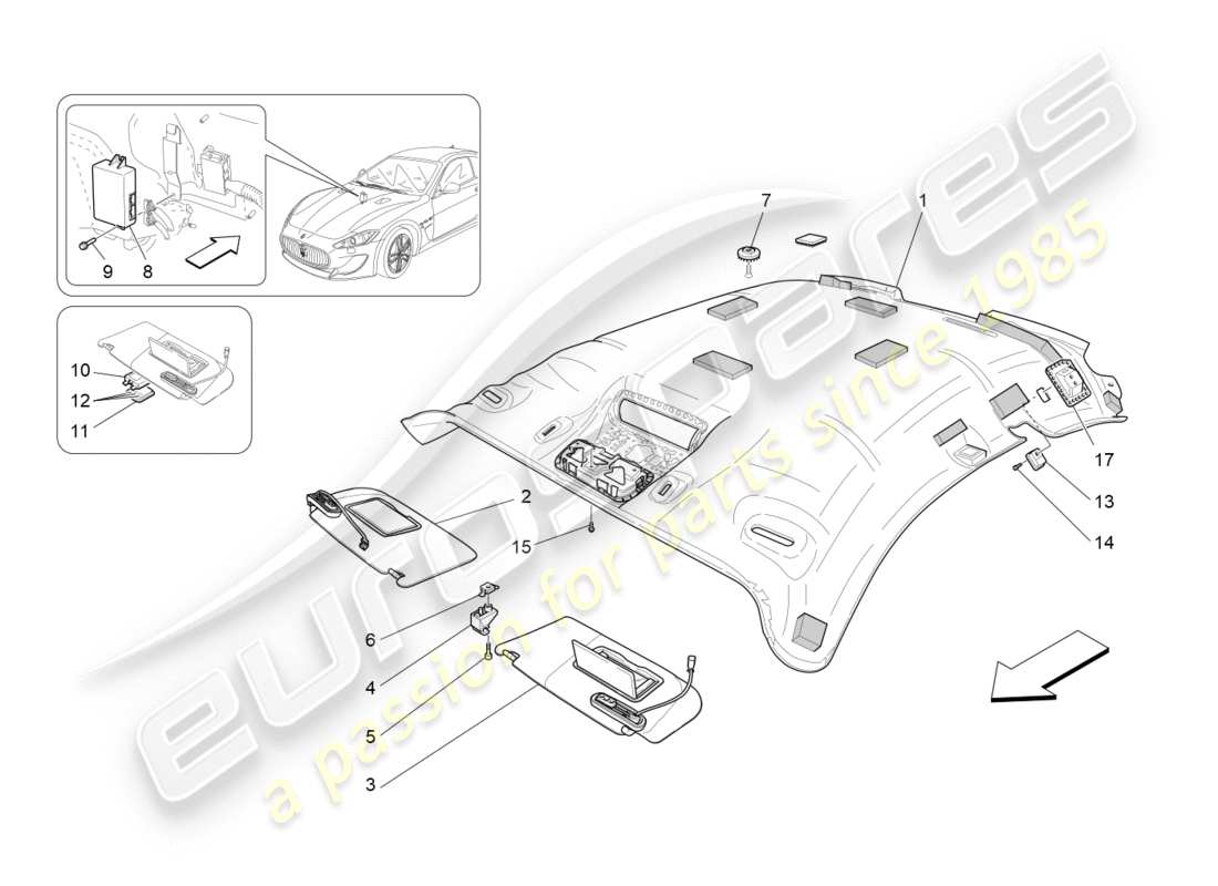 maserati granturismo (2015) roof and sun visors part diagram