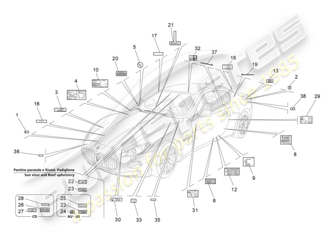 maserati granturismo (2009) stickers and labels part diagram