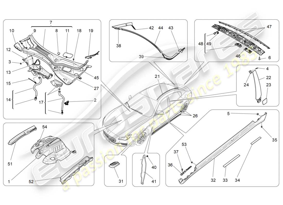 maserati qtp 3.0 bt v6 410hp (2014) shields, trims and covering panels part diagram