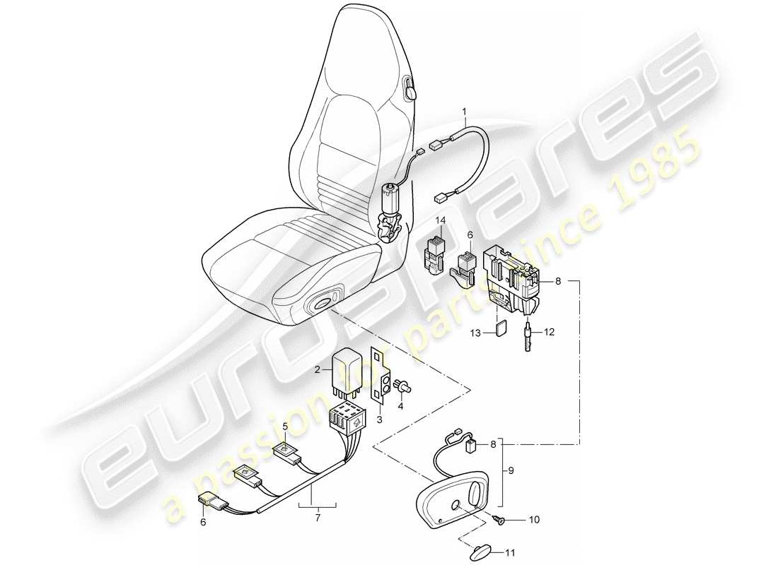 porsche 996 t/gt2 (2001) wiring harnesses - switch - standard seat - sports seat part diagram