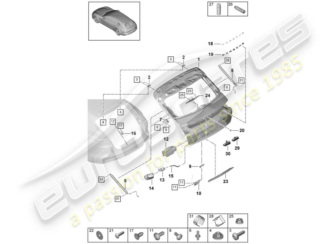 porsche panamera 971 (2020) rear trunk lid part diagram