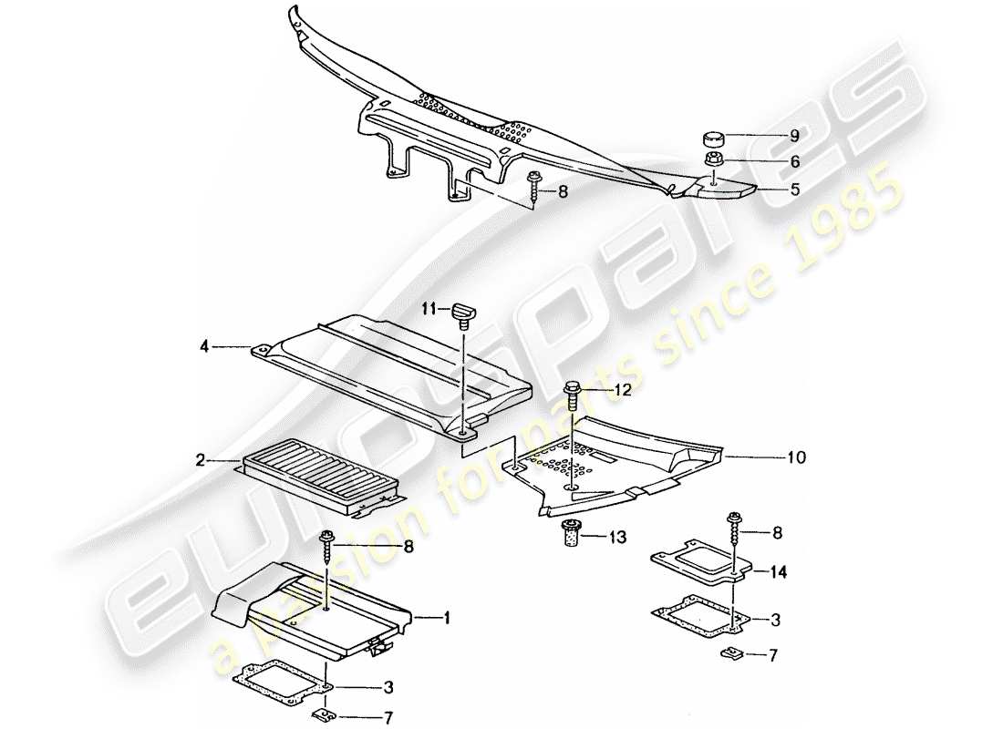 porsche 996 gt3 (2005) dust and pollen filter element - covers - cowl part diagram