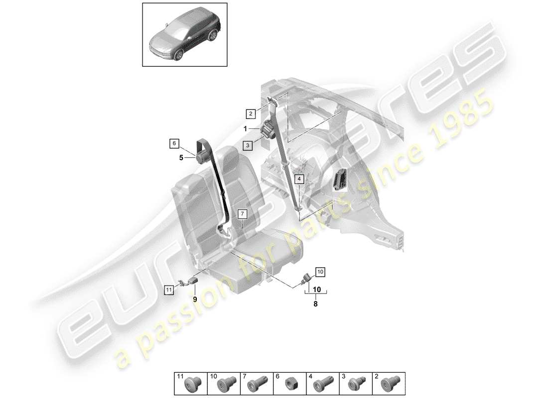 porsche cayenne e3 (2019) three-point seat belt part diagram