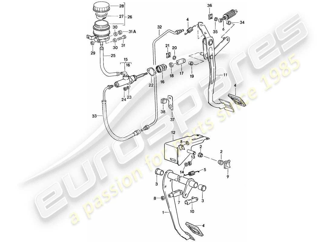 porsche 924s (1986) brake - clutch - pedals part diagram