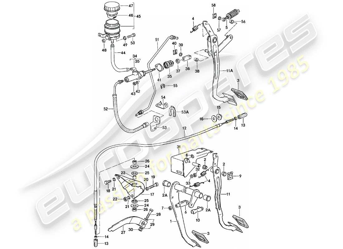 porsche 924 (1985) brake and clutch pedals - cluster part diagram