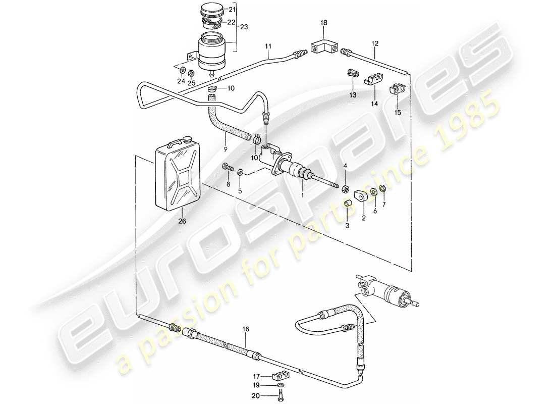 porsche 959 (1988) clutch actuation - clutch master cylinder - lines part diagram