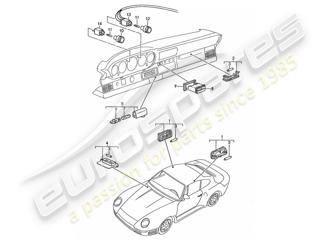 porsche 959 (1987) warning lights - interior lights part diagram