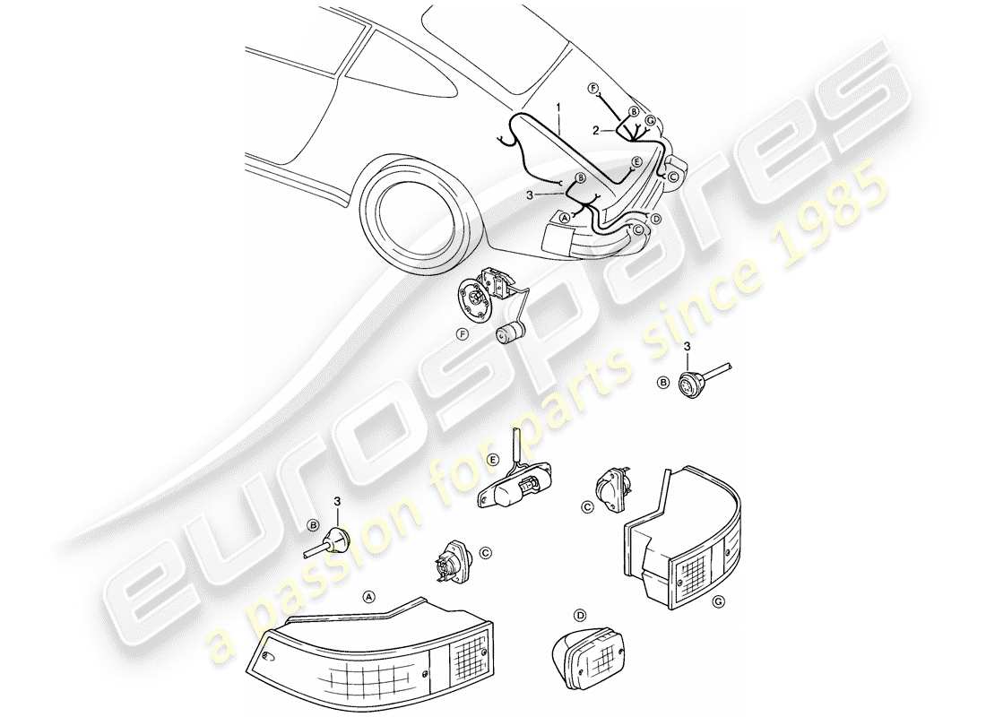 porsche 911 (1984) wiring harnesses - engine compartment light - rear light part diagram