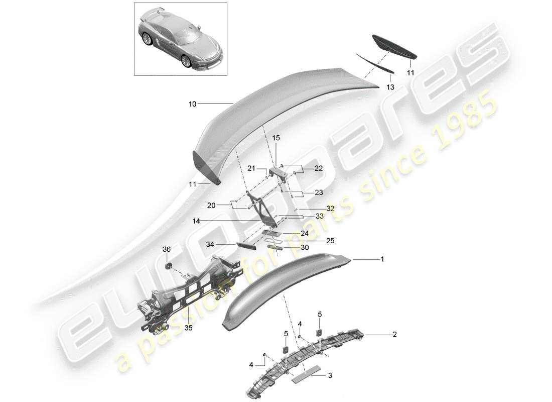 porsche cayman gt4 (2016) rear spoiler part diagram