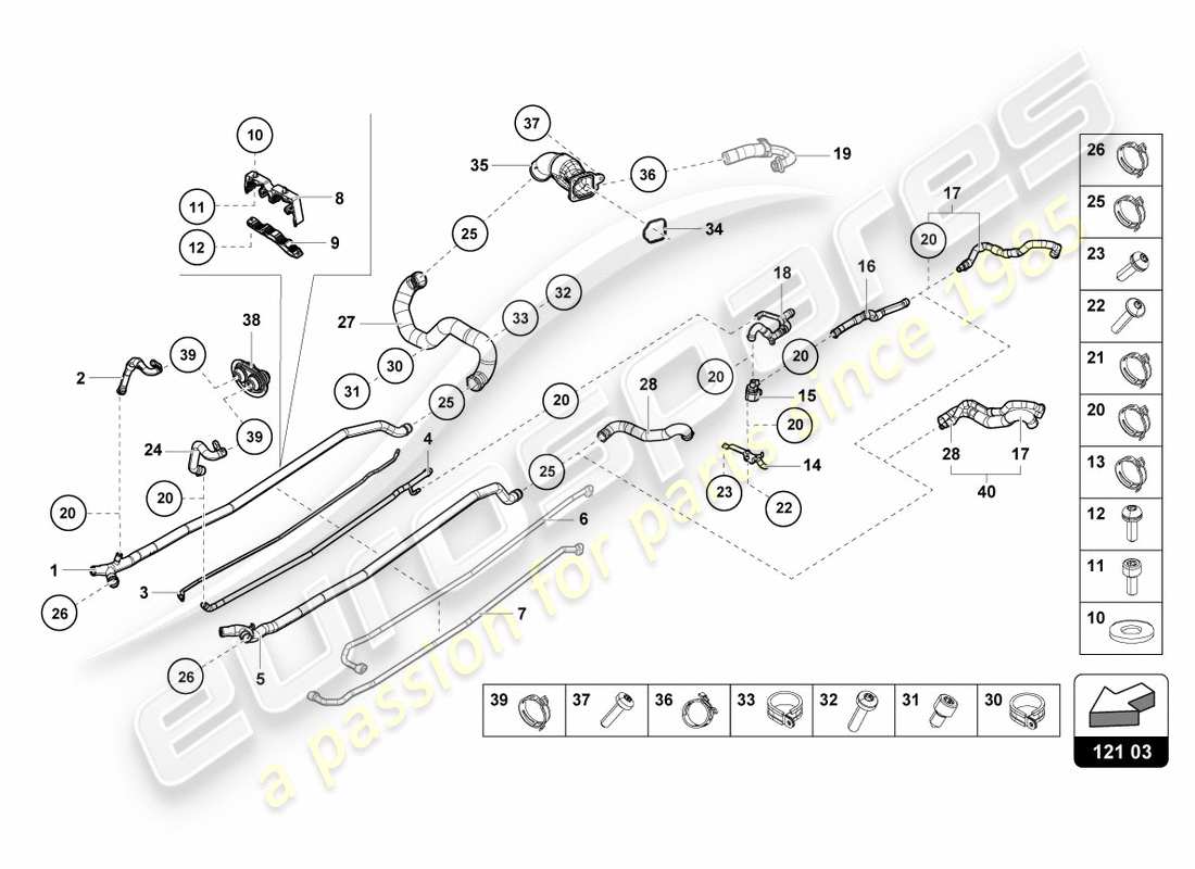 lamborghini performante coupe (2019) coolant hoses and pipes center part diagram