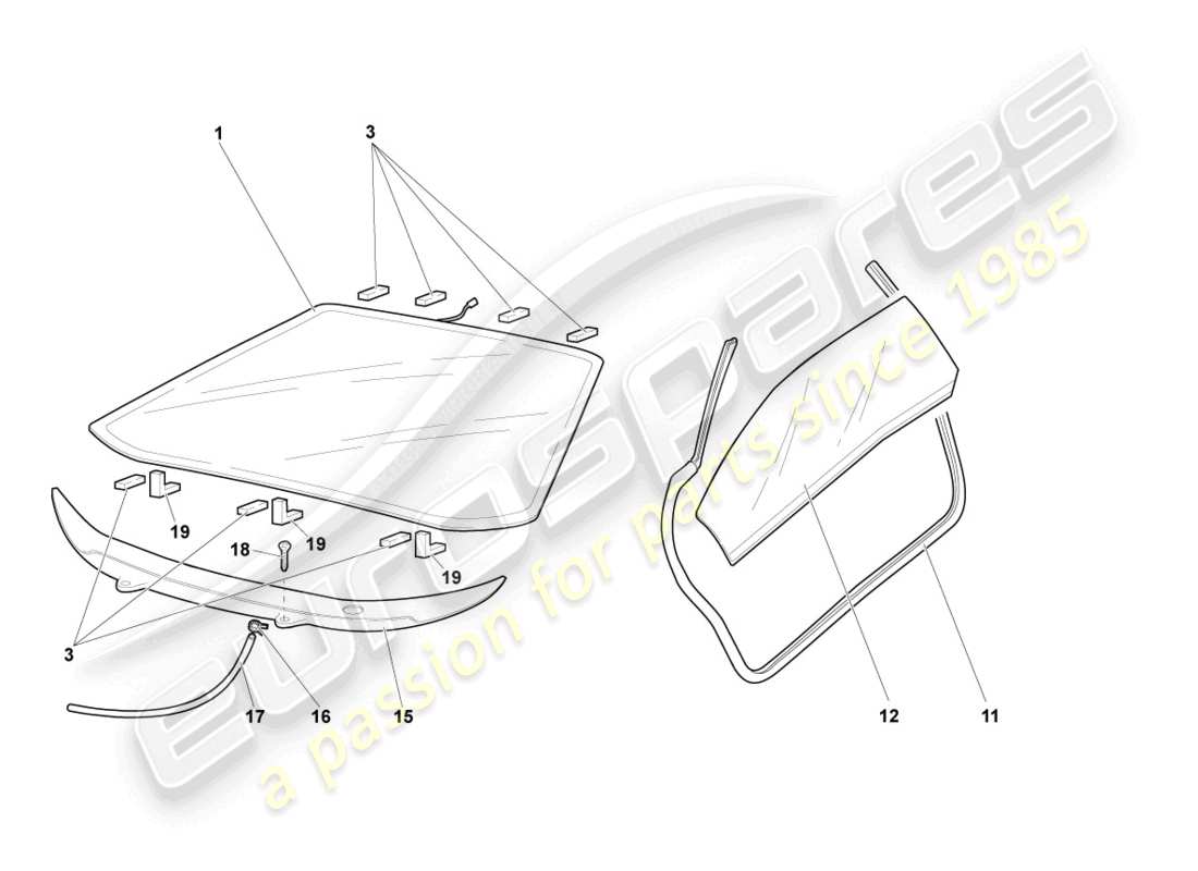 lamborghini murcielago roadster (2005) window glasses part diagram