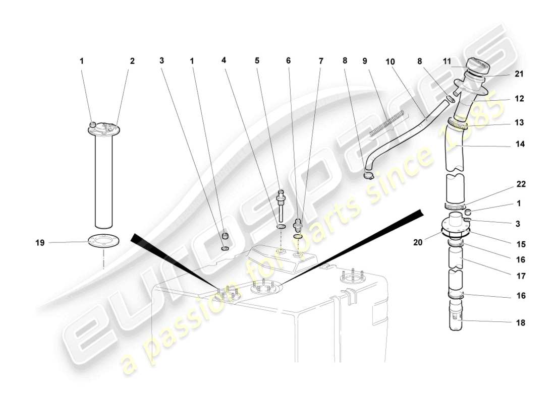 lamborghini murcielago coupe (2004) fuel filler pipe with attachments part diagram