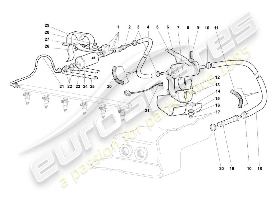 lamborghini murcielago coupe (2002) fuel line with breather pipe part diagram