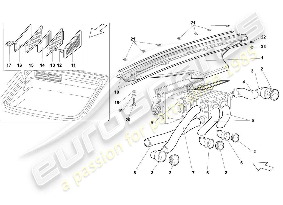 lamborghini murcielago roadster (2006) air and footwell heater ducts, air hoses and vents part diagram