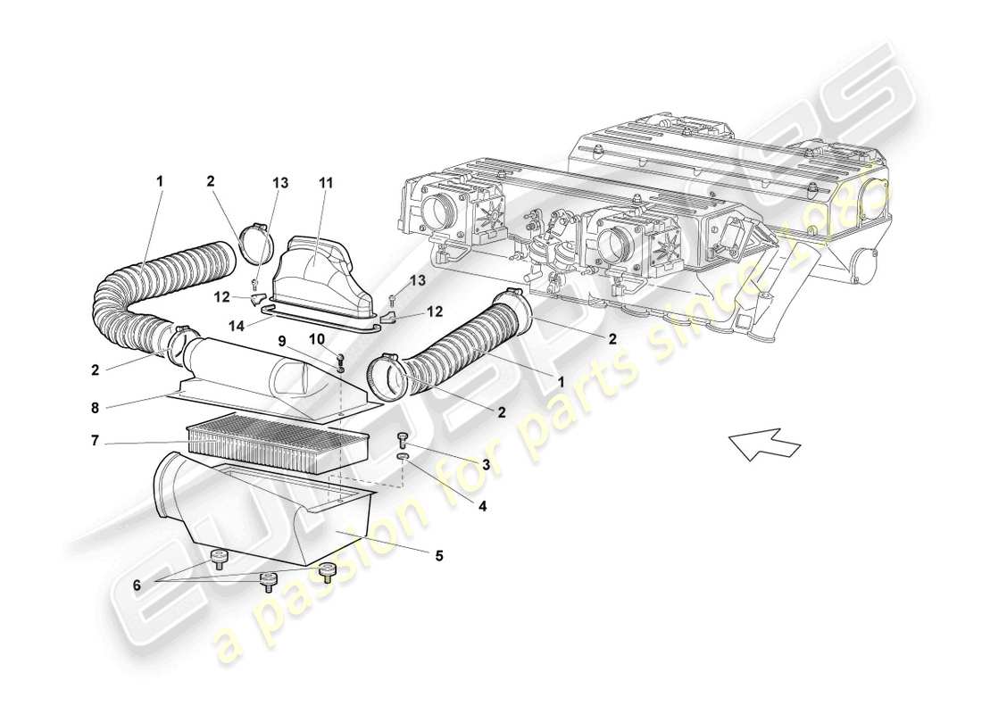 lamborghini murcielago coupe (2004) air filter with connecting parts part diagram