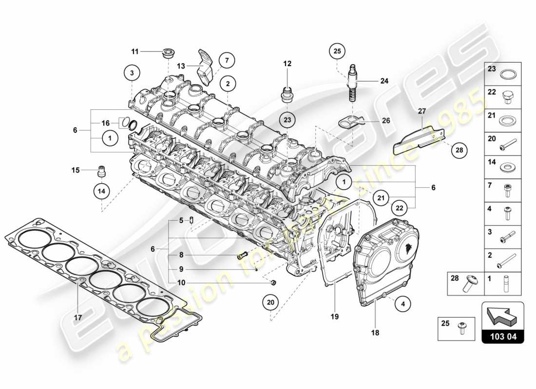 lamborghini centenario roadster (2017) cylinder head with studs and centering sleeves part diagram