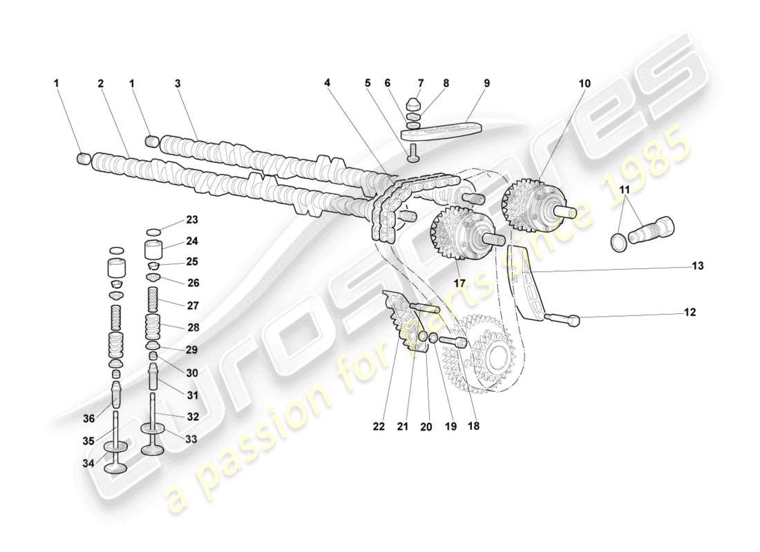 lamborghini murcielago coupe (2004) camshaft, valves left part diagram