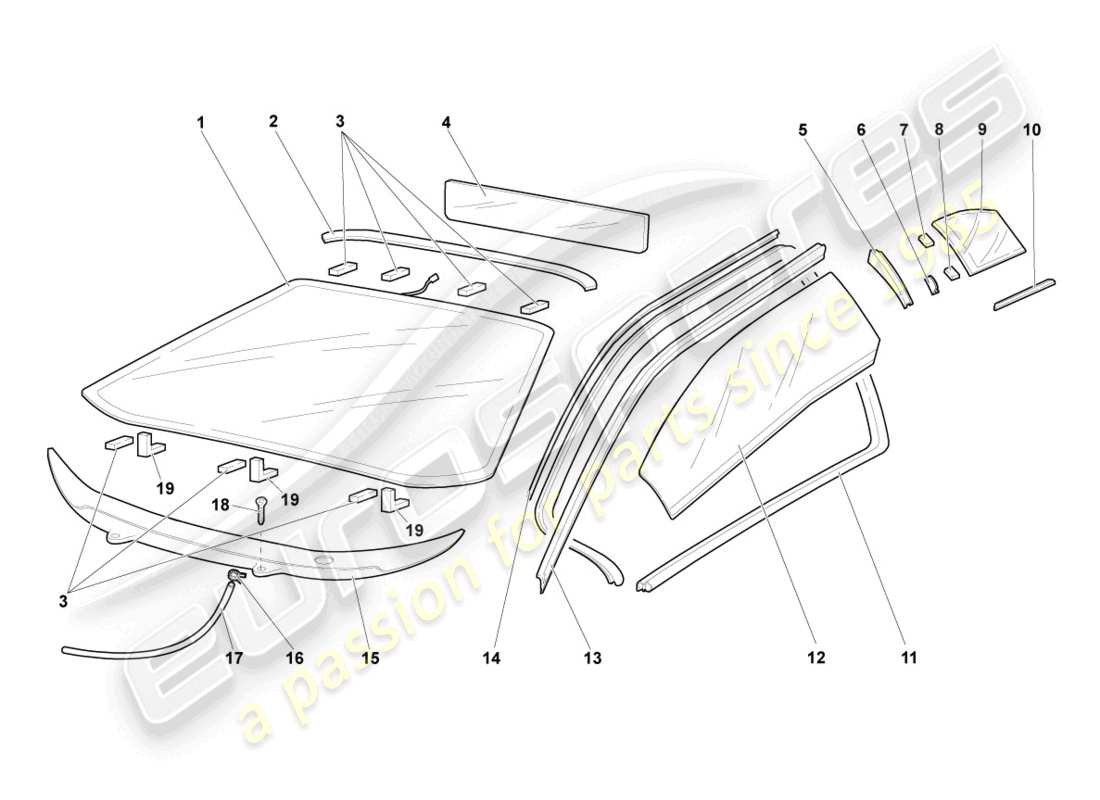 lamborghini murcielago coupe (2004) window glasses part diagram