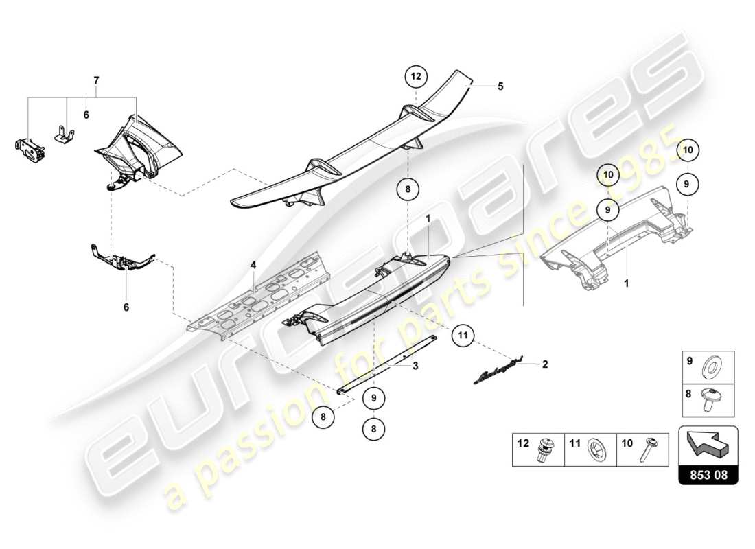 lamborghini performante coupe (2020) bonnet spoiler part diagram