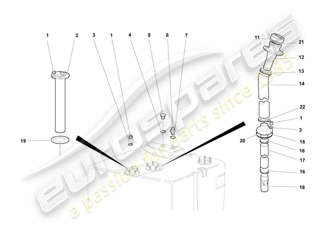 lamborghini murcielago coupe (2004) fuel filler pipe with attachments part diagram