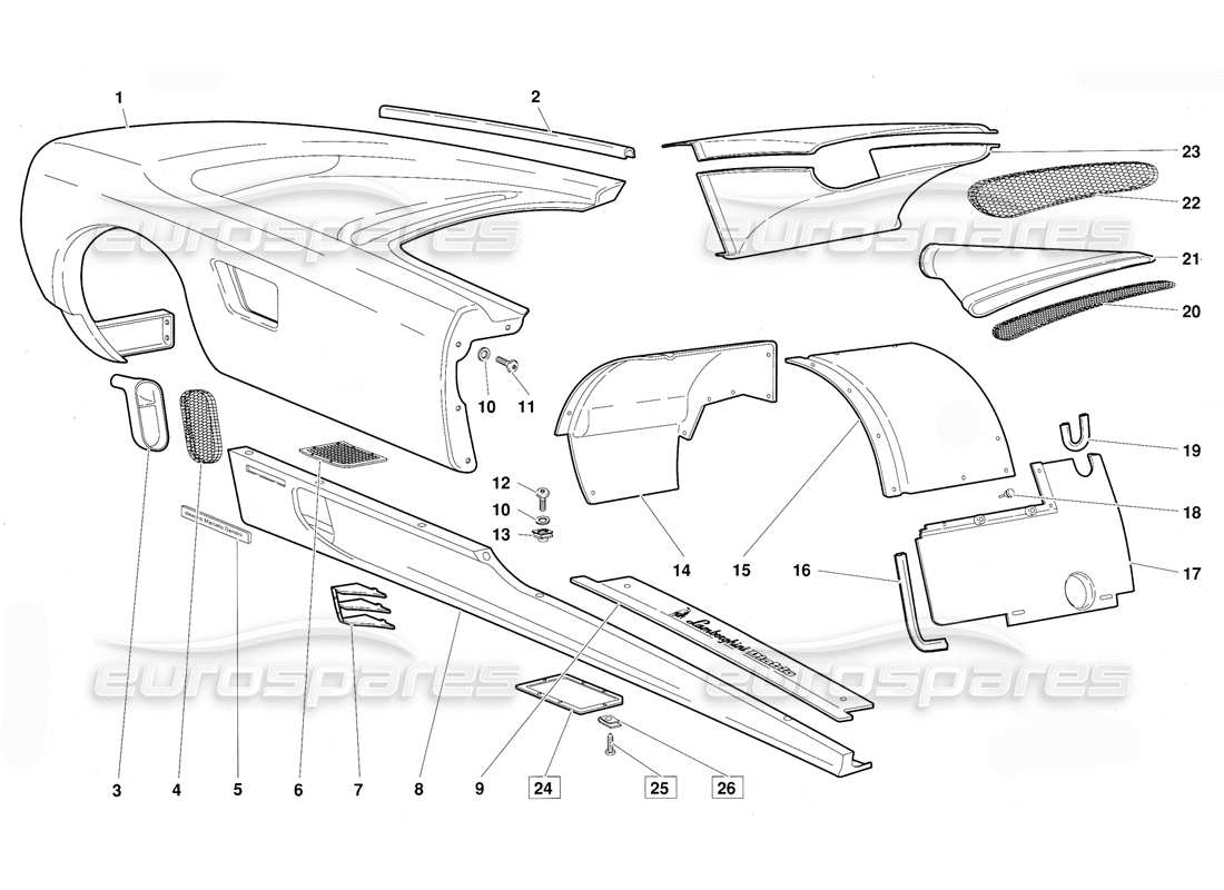 lamborghini diablo (1991) body elements-right flank (valid for june 1992 version) part diagram