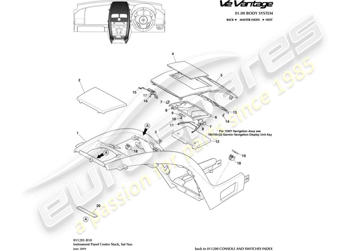 aston martin v12 vantage (2012) centre stack, with sat nav part diagram