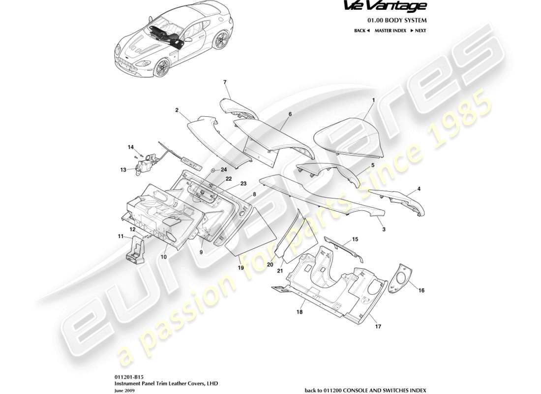 aston martin v12 vantage (2012) instrument panel, lhd part diagram