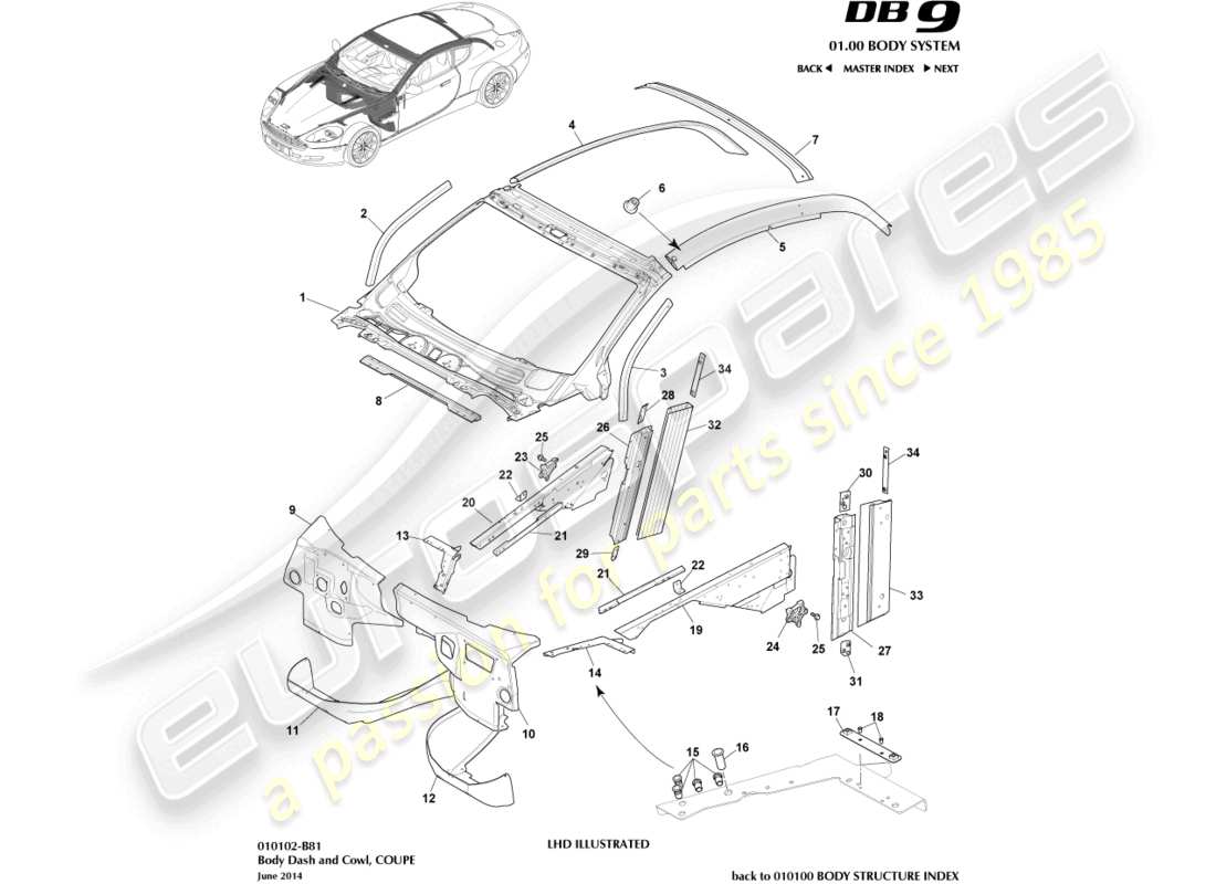 aston martin db9 (2012) body dash and cowl, coupe part diagram