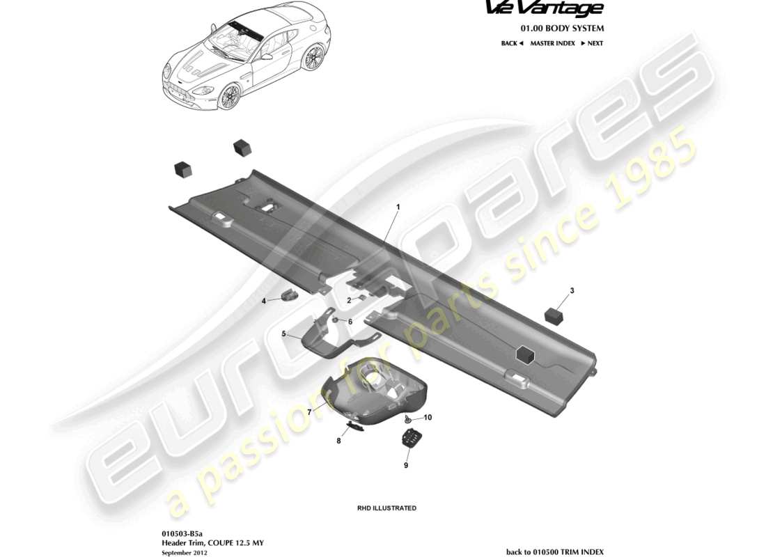 aston martin v12 vantage (2012) header trim, coupe 12.5my part diagram