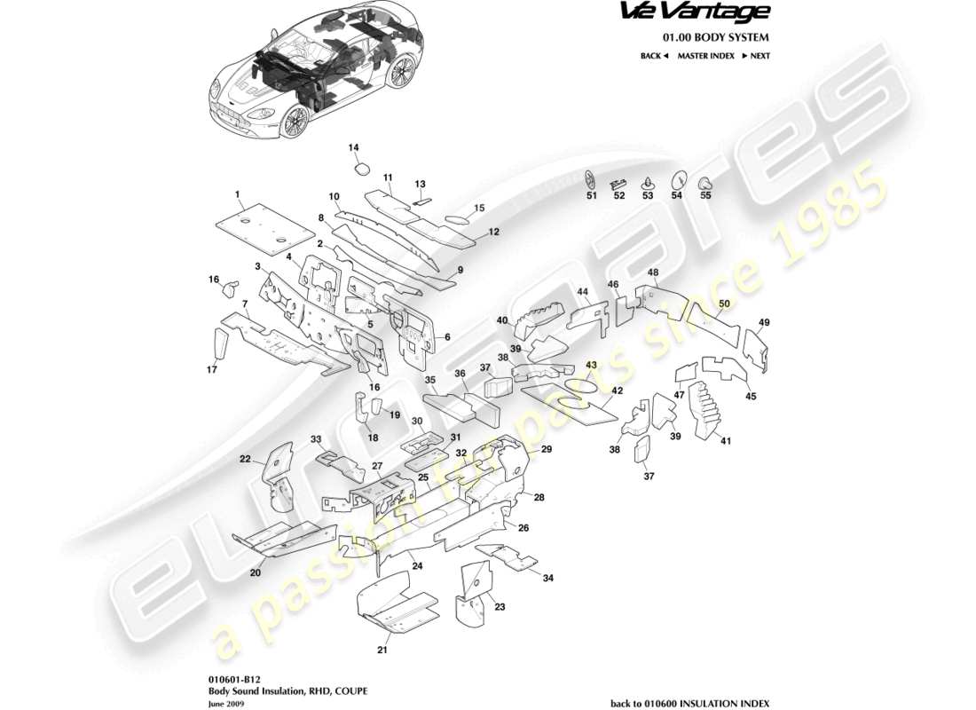 aston martin v12 vantage (2012) body insulation, coupe rhd part diagram