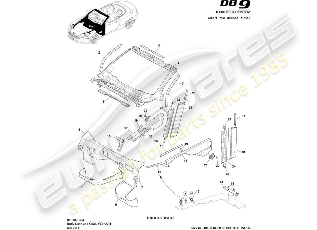 aston martin db9 (2012) body dash and cowl, volante part diagram